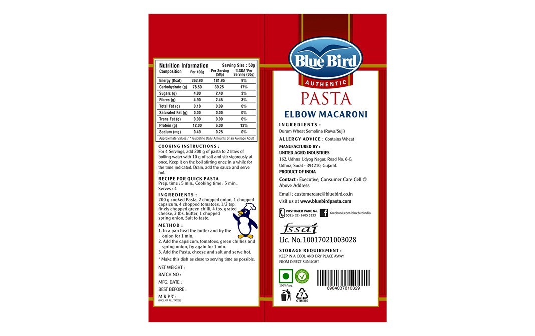 Blue Bird Pasta Elbow Macaroni    Pack  500 grams